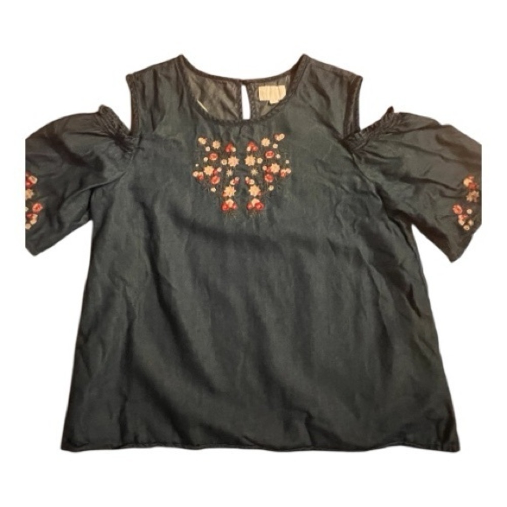 BCB Girls Floral Embroidered Girls Lightweight Blue Denim Shoulder Cut Out Top